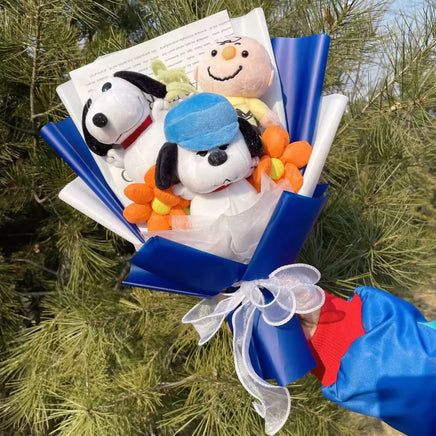 Snoopys Doll With Artificial Flowers Stuffed Toy Anime Figures Creative Handmade Bouquet Valentine Graduation Gifts A 11.8"