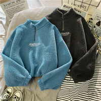 Lusy Store LLC Women Stand Neck Fleece Cropped Hoodies Letter Embroidery Long Sleeve Drawstring Sweatshirt Elegant Plush Velvet Tops Hoodie