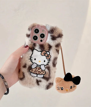Lusy Store Luxury winter fluffy hand warmer Plush Leopard Hello Kitty phone case for iPhone 16 15 14 13Pro Max Cartoon KT Furry Wrist Strap 