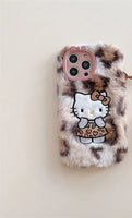 Luxury Hello Kitty Leopard Plush Phone Case for iPhone 16, 15, 14, 13 Pro Max B