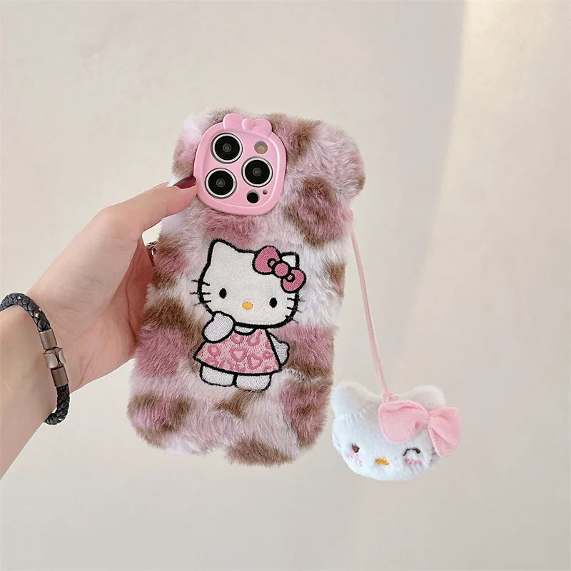Lusy Store Luxury winter fluffy hand warmer Plush Leopard Hello Kitty phone case for iPhone 16 15 14 13Pro Max Cartoon KT Furry Wrist Strap 