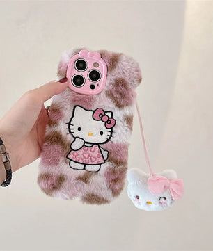 Lusy Store Luxury winter fluffy hand warmer Plush Leopard Hello Kitty phone case for iPhone 16 15 14 13Pro Max Cartoon KT Furry Wrist Strap 