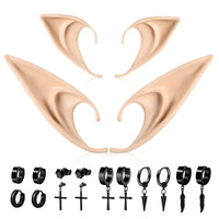 2-14pcs Stainless Steel Punk Dangle Hoop Piercing Earrings with 2Pairs Fairy Elf Ears for Women Men Halloween Cosplay Photo Prop 14pcs with Ears B
