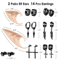 2-14pcs Stainless Steel Punk Dangle Hoop Piercing Earrings with 2Pairs Fairy Elf Ears for Women Men Halloween Cosplay Photo Prop
