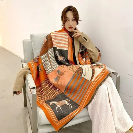 Throw Blanket Luxury Winter Cashmere Scarf Women Design Warm Blanket Horse Scarves Female Shawl Wraps Poncho Feminino Inverno Lusy Store