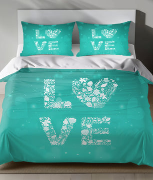 Teal bedding set with white LOVE design and floral patterns for Valentine's Day
