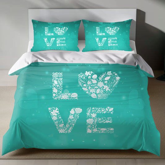 Teal bedding set with white LOVE design and floral patterns for Valentine's Day