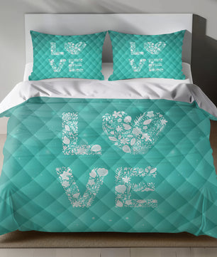 Teal bedding set with white LOVE design and floral patterns for Valentine's Day quilt set