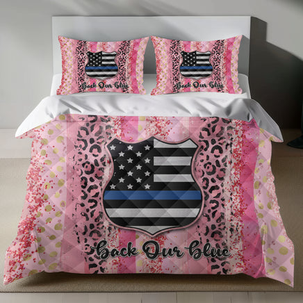 Vibrant Thin Blue Line Linen Bedding Set - Bold Pink Leopard Print 4pcs - Quilt Sets
