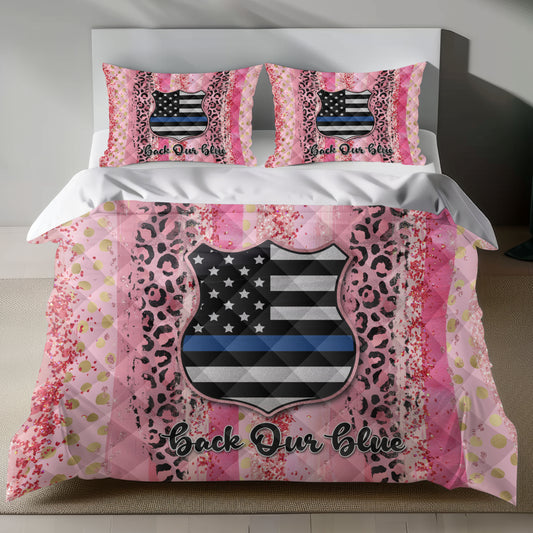Thin Blue Line linen bedding set with pink leopard print and police badge design-quilt set