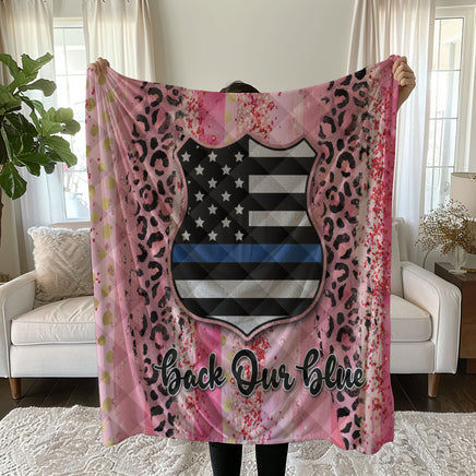 Vibrant Thin Blue Line Linen Bedding Set - Bold Pink Leopard Print