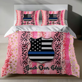 Vibrant Thin Blue Line Linen Bedding Set - Bold Pink Leopard Print 4pcs - Bedding Sets