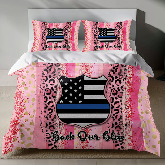 Thin Blue Line linen bedding set with pink leopard print and police badge design