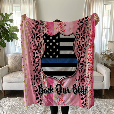 Vibrant Thin Blue Line Linen Bedding Set - Bold Pink Leopard Print