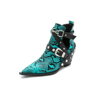 Snakeskin Buckles Short Boots Green EU 36 US 6