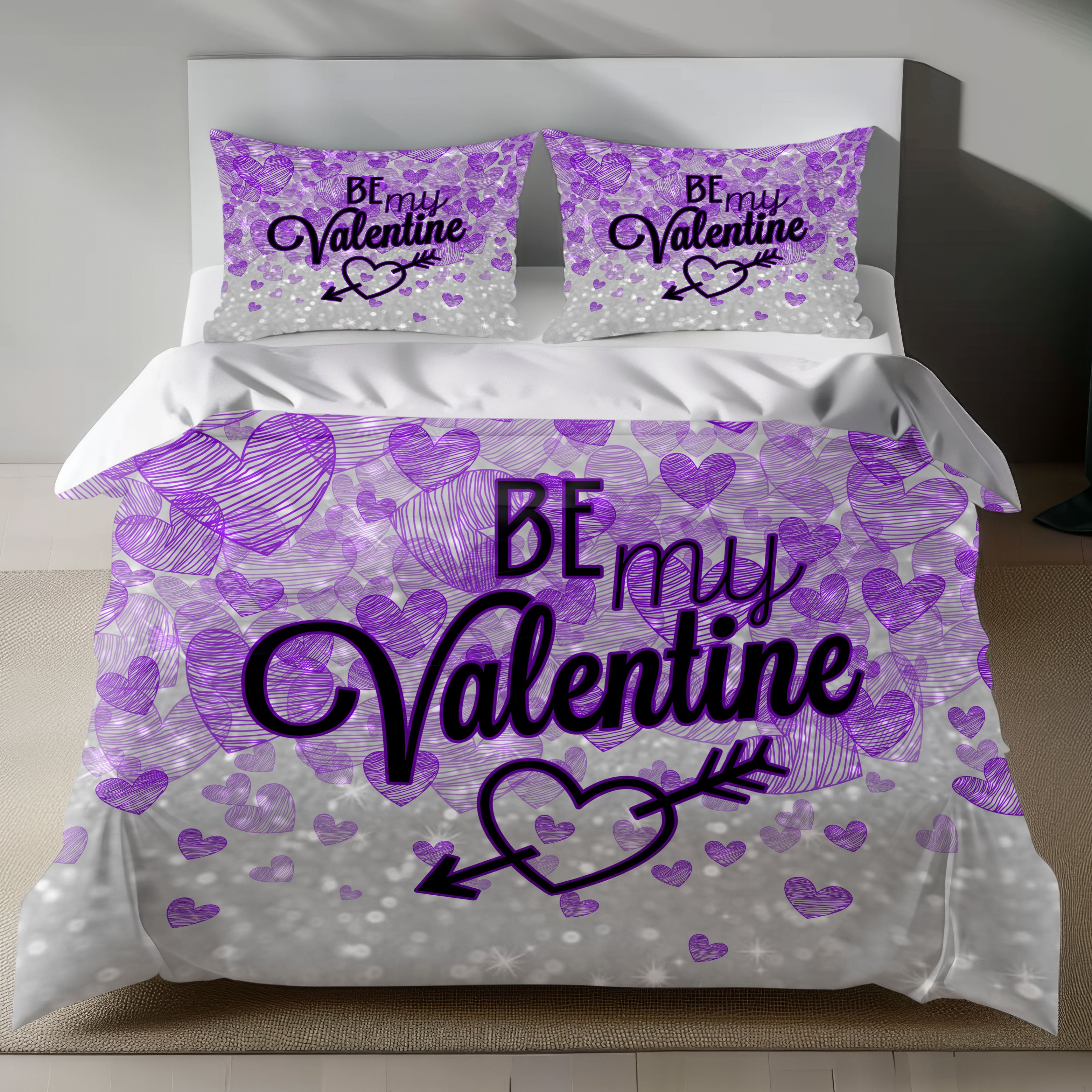 Valentine's Day Linen Bedding Set with Purple Hearts and BE MY Valentine Text
