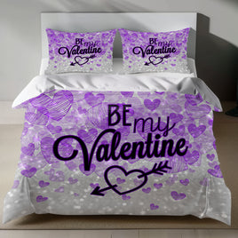 Valentine's Day Linen Bedding Set - Romantic Purple Hearts Design 4pcs - Bedding Sets