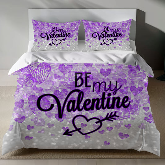 Valentine's Day Linen Bedding Set with Purple Hearts and BE MY Valentine Text