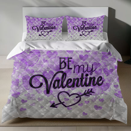 Valentine's Day Linen Bedding Set - Romantic Purple Hearts Design 4pcs - Quilt Sets