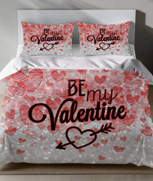 Valentine's Day Linen Bedding Set with Red Hearts and BE MY VALENTINE Text