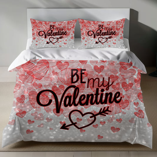 Valentine's Day Linen Bedding Set with Red Hearts and BE MY VALENTINE Text