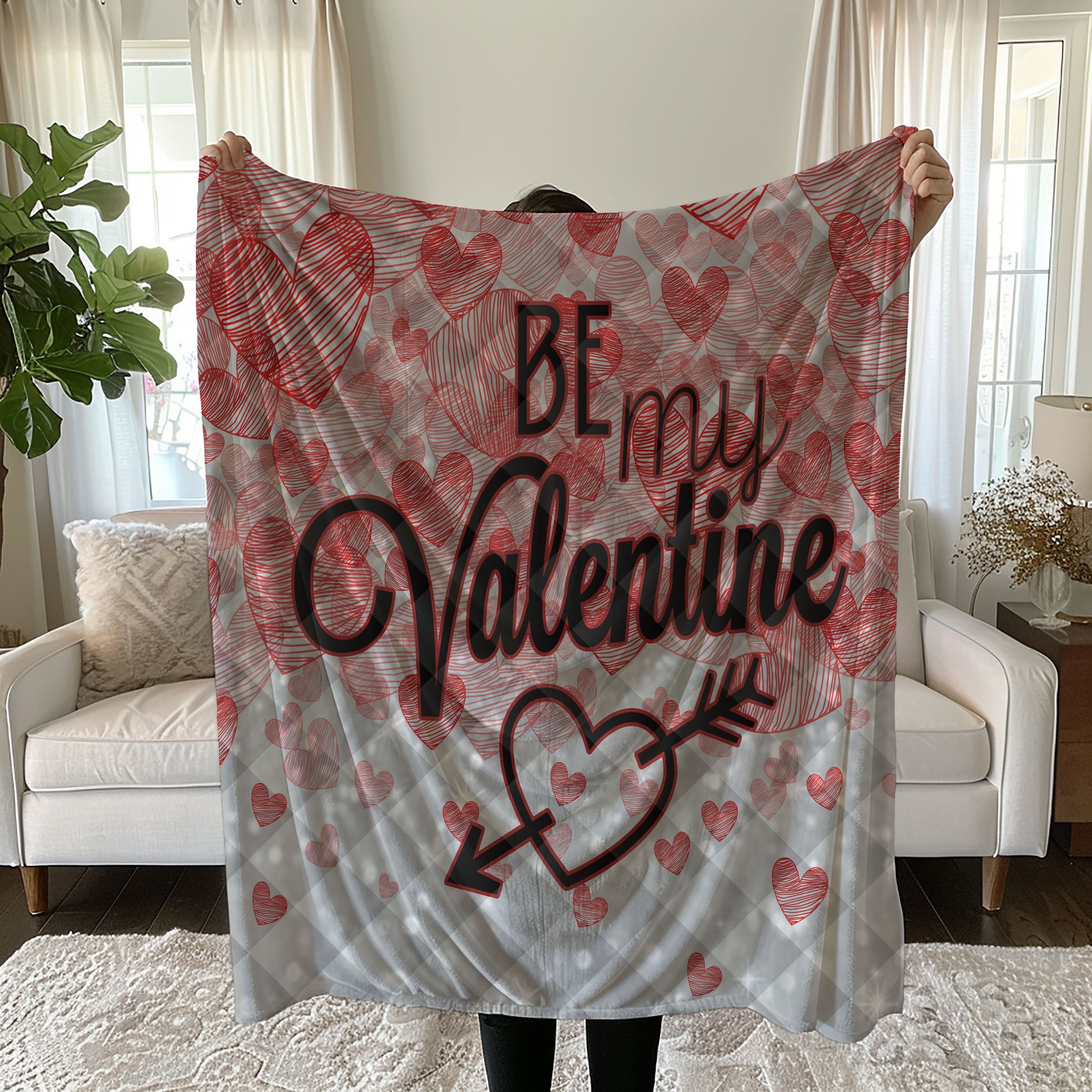 Valentine's Day Linen Bedding Set with Red Hearts and BE MY VALENTINE Text quilt