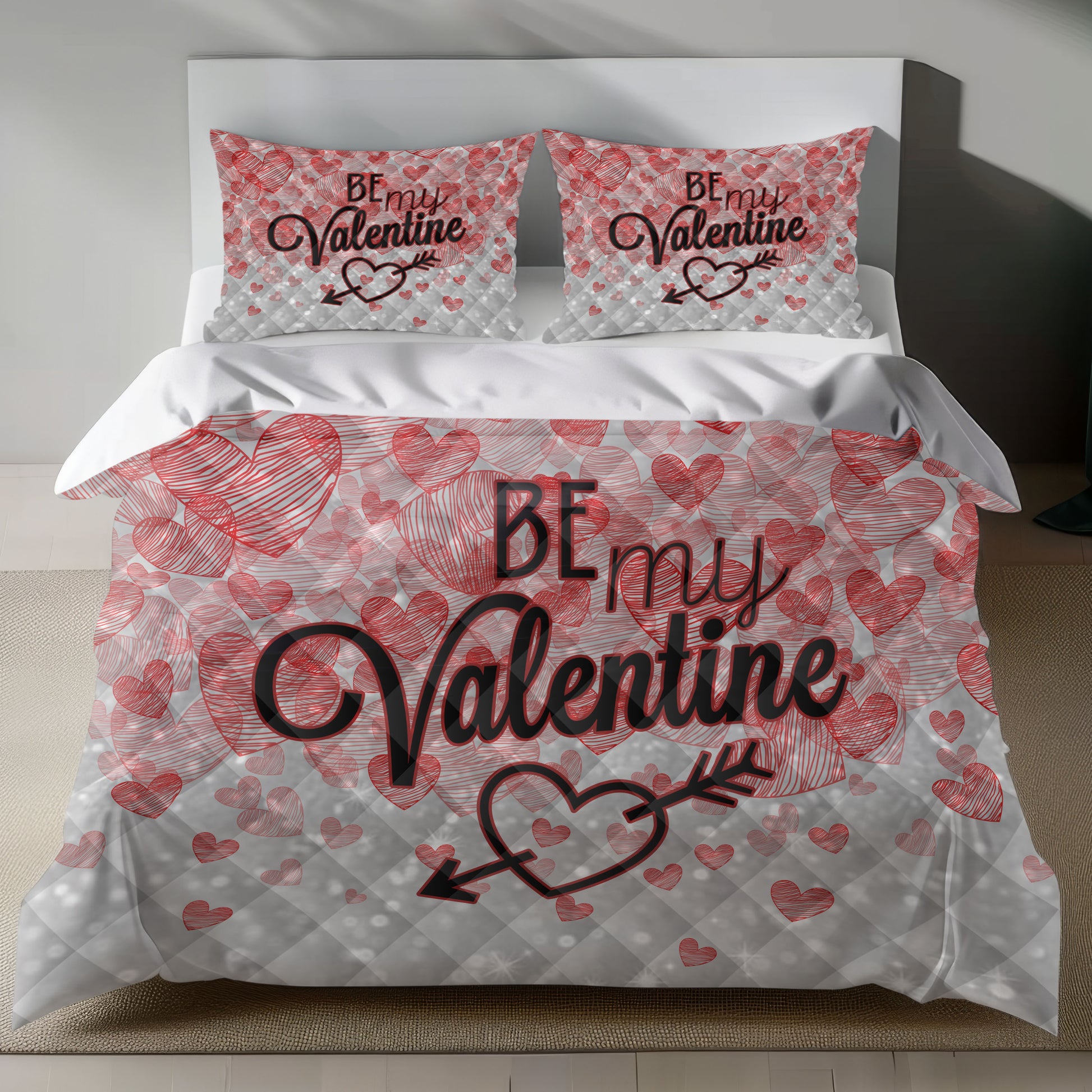Valentine's Day Linen Bedding Set with Red Hearts and BE MY VALENTINE Text quilt set