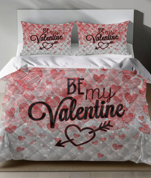 Valentine's Day Linen Bedding Set with Red Hearts and BE MY VALENTINE Text quilt set