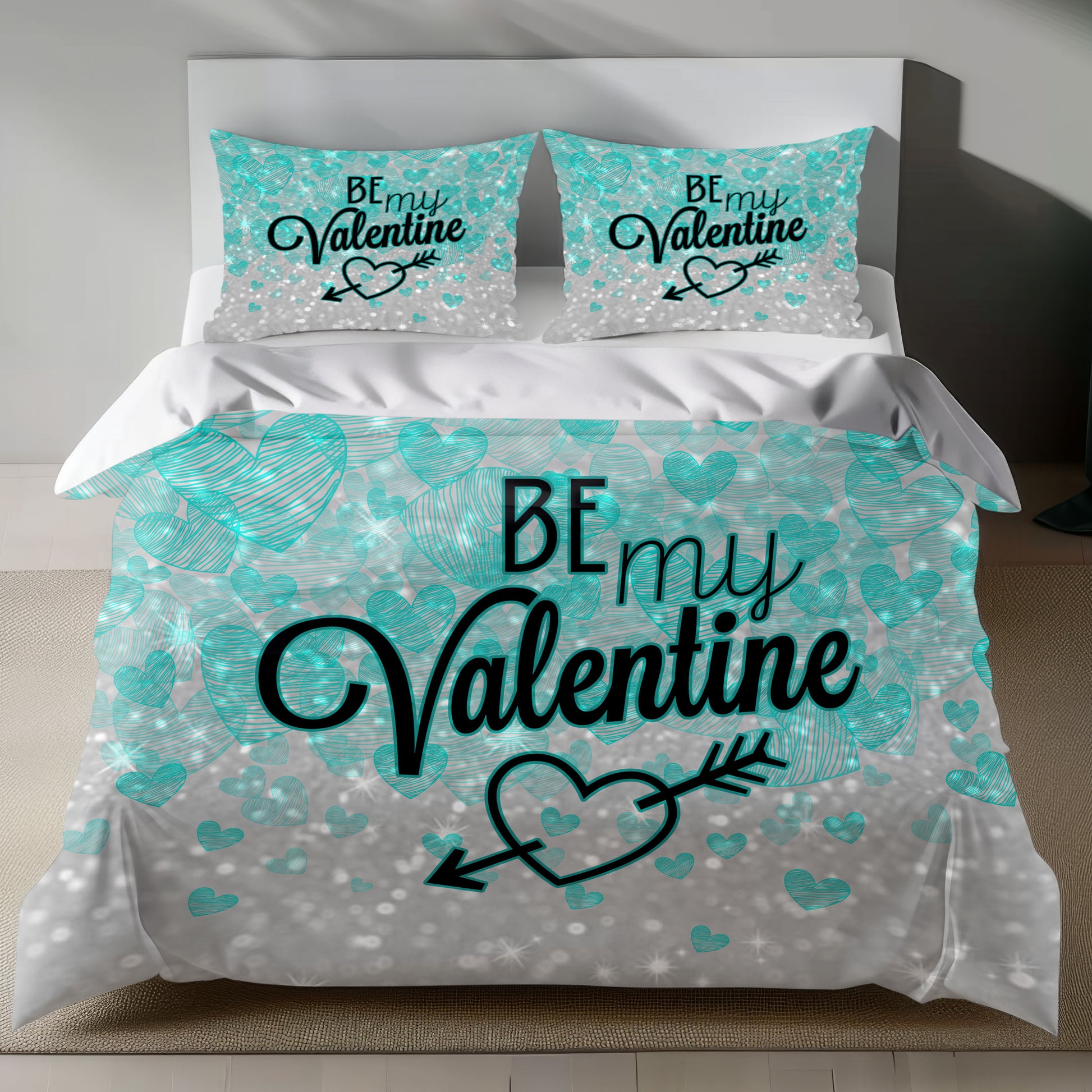 Valentine's Day Linen Bedding Set with Teal Hearts and BE MY VALENTINE Text