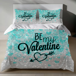 Valentine's Day Linen Bedding Set - Romantic Teal Hearts Design 4pcs - Bedding Sets
