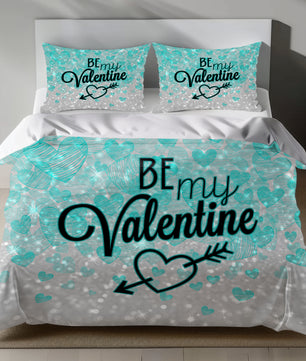 Valentine's Day Linen Bedding Set with Teal Hearts and BE MY VALENTINE Text