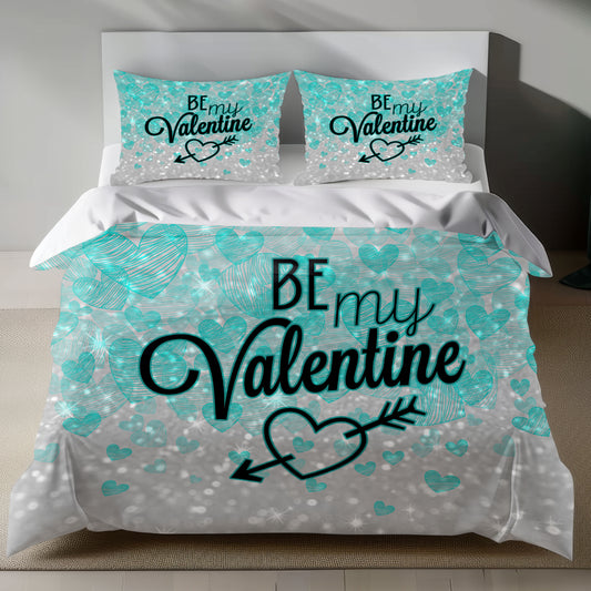 Valentine's Day Linen Bedding Set with Teal Hearts and BE MY VALENTINE Text