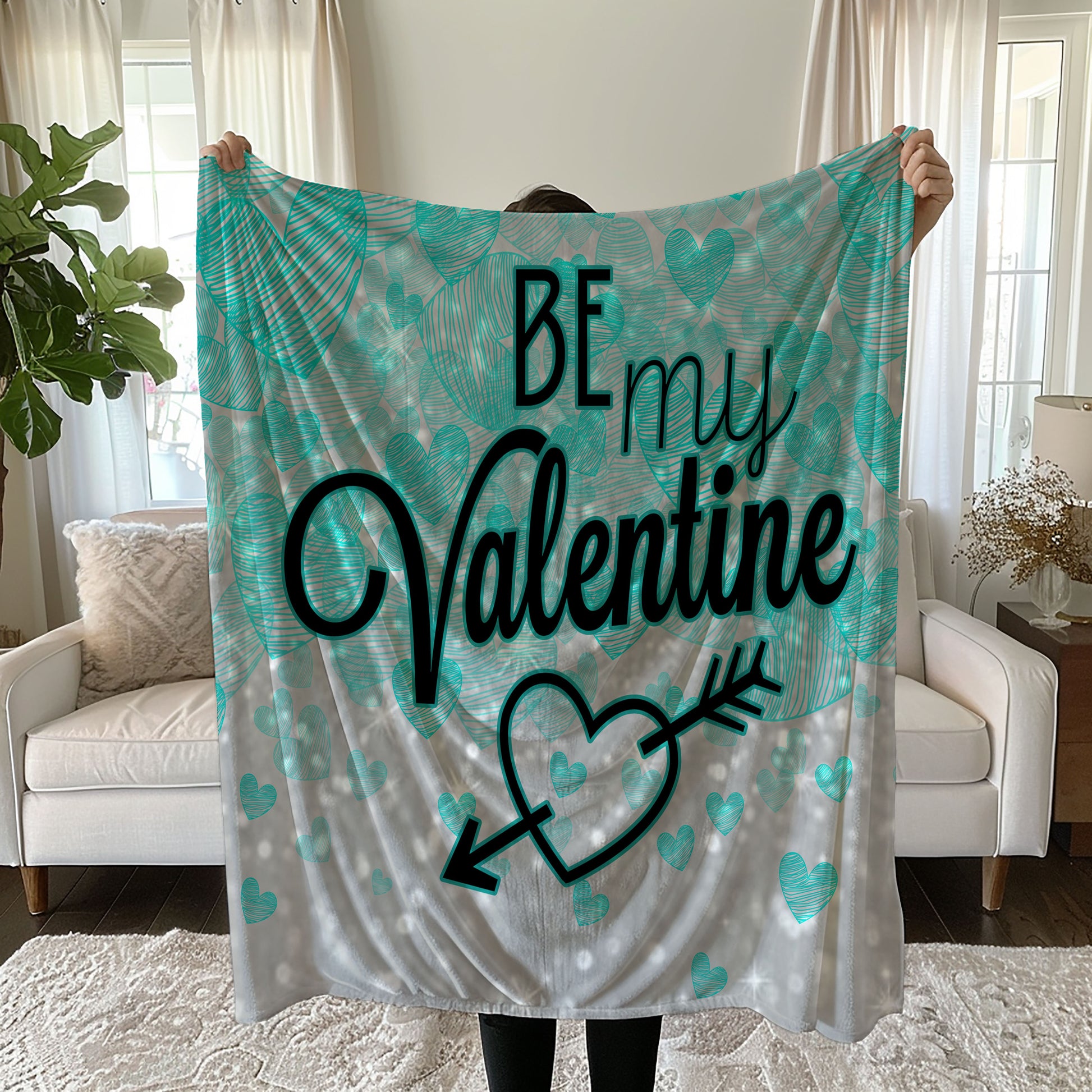 Valentine's Day Linen Bedding Set with Teal Hearts and BE MY VALENTINE Text duvet cover