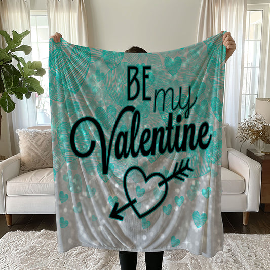Valentine's Day Linen Bedding Set with Teal Hearts and BE MY VALENTINE Text duvet cover
