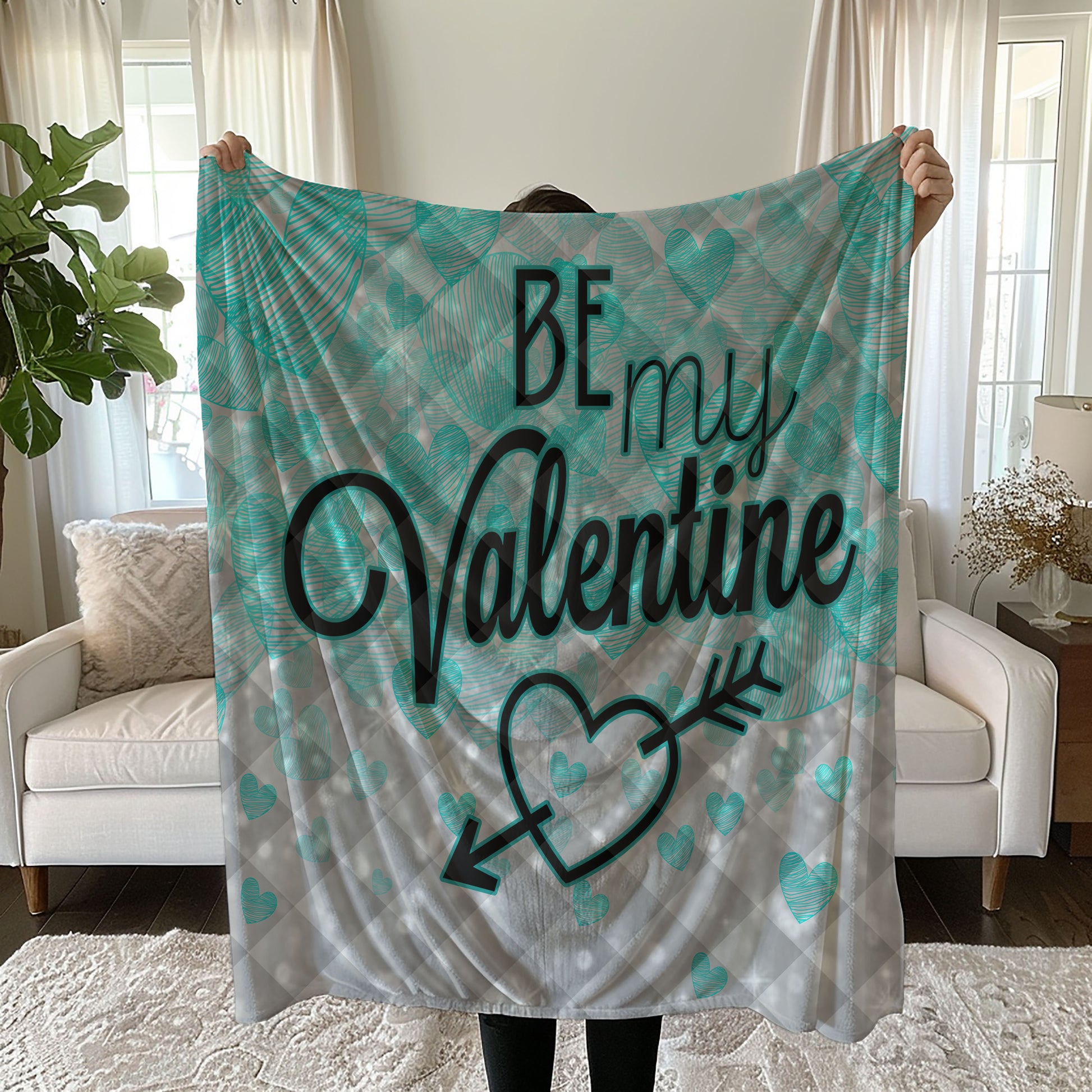 Valentine's Day Linen Bedding Set with Teal Hearts and BE MY VALENTINE Text quilt