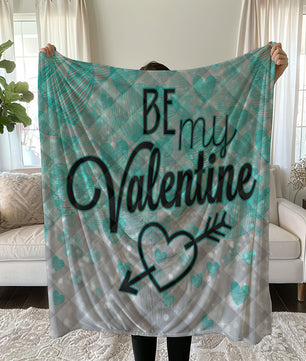 Valentine's Day Linen Bedding Set with Teal Hearts and BE MY VALENTINE Text quilt