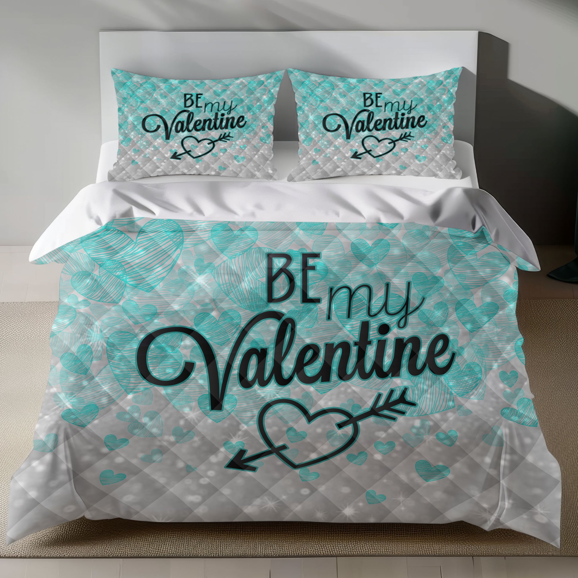Valentine's Day Linen Bedding Set with Teal Hearts and BE MY VALENTINE Text quilt set