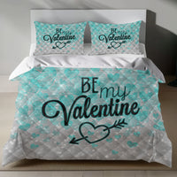 Valentine's Day Linen Bedding Set - Romantic Teal Hearts Design 4pcs - Quilt Sets