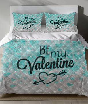 Valentine's Day Linen Bedding Set with Teal Hearts and BE MY VALENTINE Text quilt set