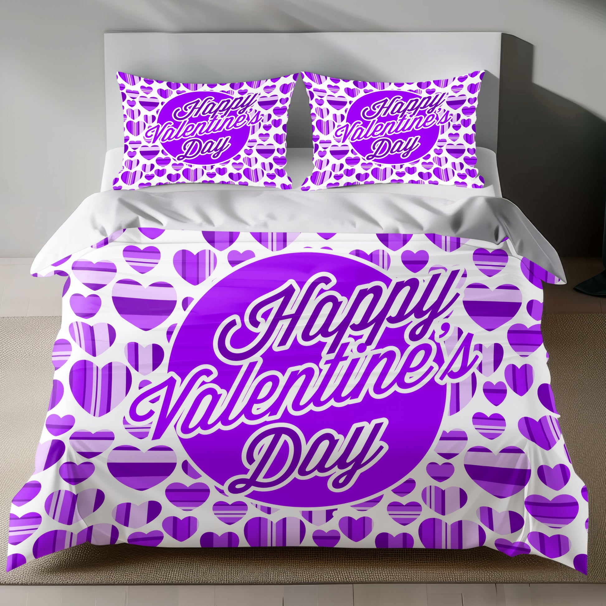 Valentine's Day bedding set with purple heart pattern on white background
