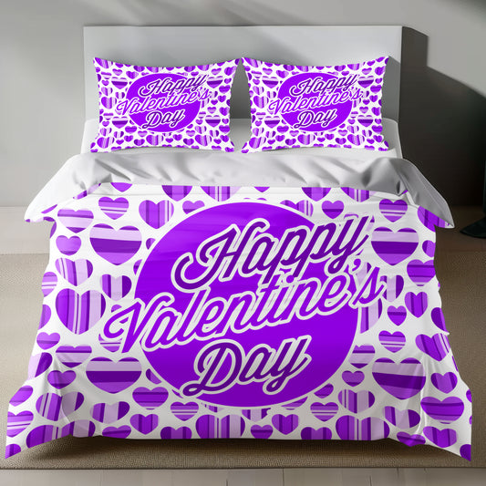 Valentine's Day bedding set with purple heart pattern on white background