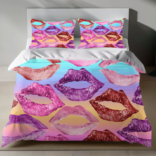 Vibrant lip print ombre linen duvet cover set on bed