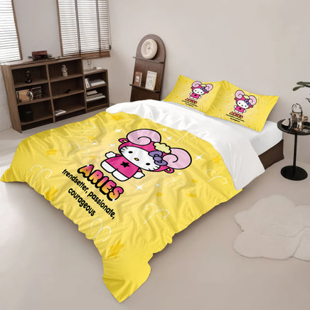 Yellow Aries Hello Kitty bedding set featuring the character in a ram costume with stars and text describing passionate and courageous traits.
