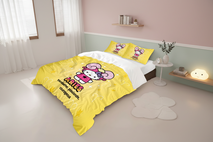 Yellow Aries Hello Kitty bedding set featuring the character in a ram costume with stars and text describing passionate and courageous traits.