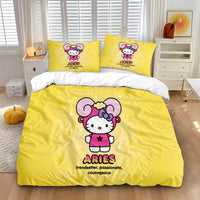 Yellow Aries Hello Kitty bedding set featuring the character in a ram costume with stars and text describing passionate and courageous traits.