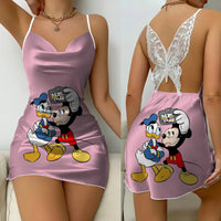 Backless Dress Mickey Minnie Mouse Pajama Skirt Womens Dresses Bow Knot Satin Surface Fashion 1
