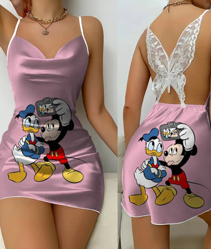 Backless Dress Mickey Minnie Mouse Pajama Skirt Womens Dresses Bow Knot Satin Surface Fashion - Lusy Store LLC