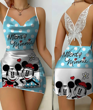 Backless Dress Mickey Minnie Mouse Pajama Skirt Womens Dresses Bow Knot Satin Surface Fashion - Lusy Store LLC
