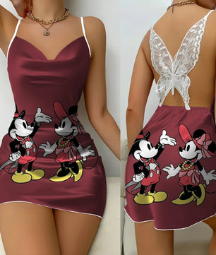 Backless Dress Mickey Minnie Mouse Pajama Skirt Womens Dresses Bow Knot Satin Surface Fashion - Lusy Store LLC