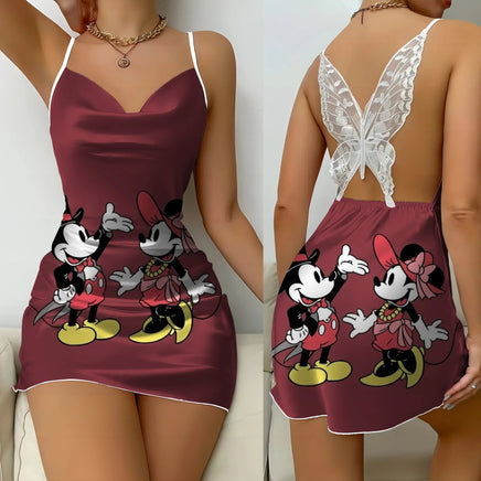 Backless Dress Mickey Minnie Mouse Pajama Skirt Womens Dresses Bow Knot Satin Surface Fashion 5